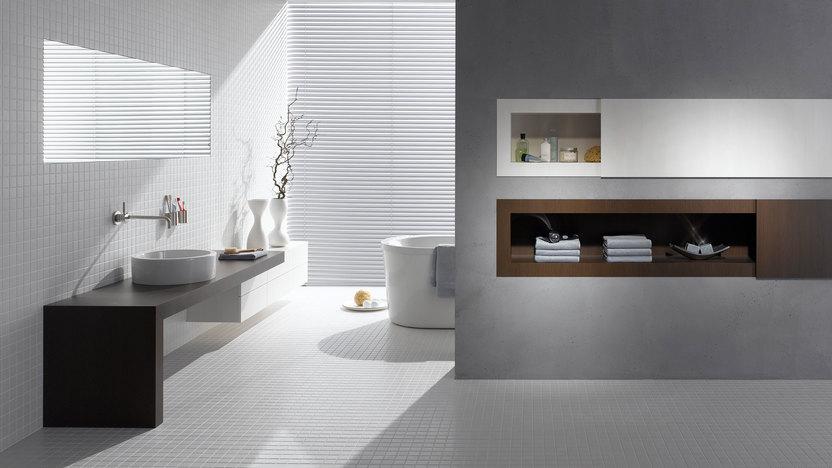 Badezimmerimpression mit Trennwand Badezimmerimpression mit stilvoller Trennwand mit Einbauregal.